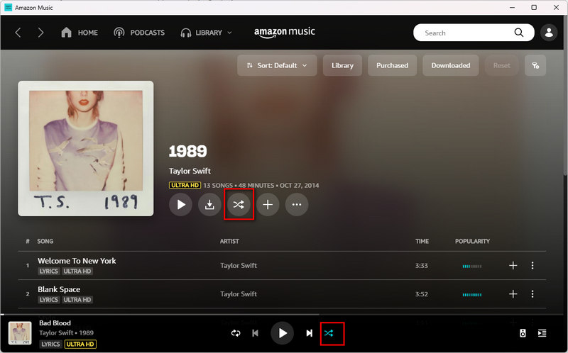 Amazon Music Shuffle Button on Desktop