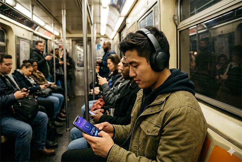 Traveler using Amazon Music offline on a flight