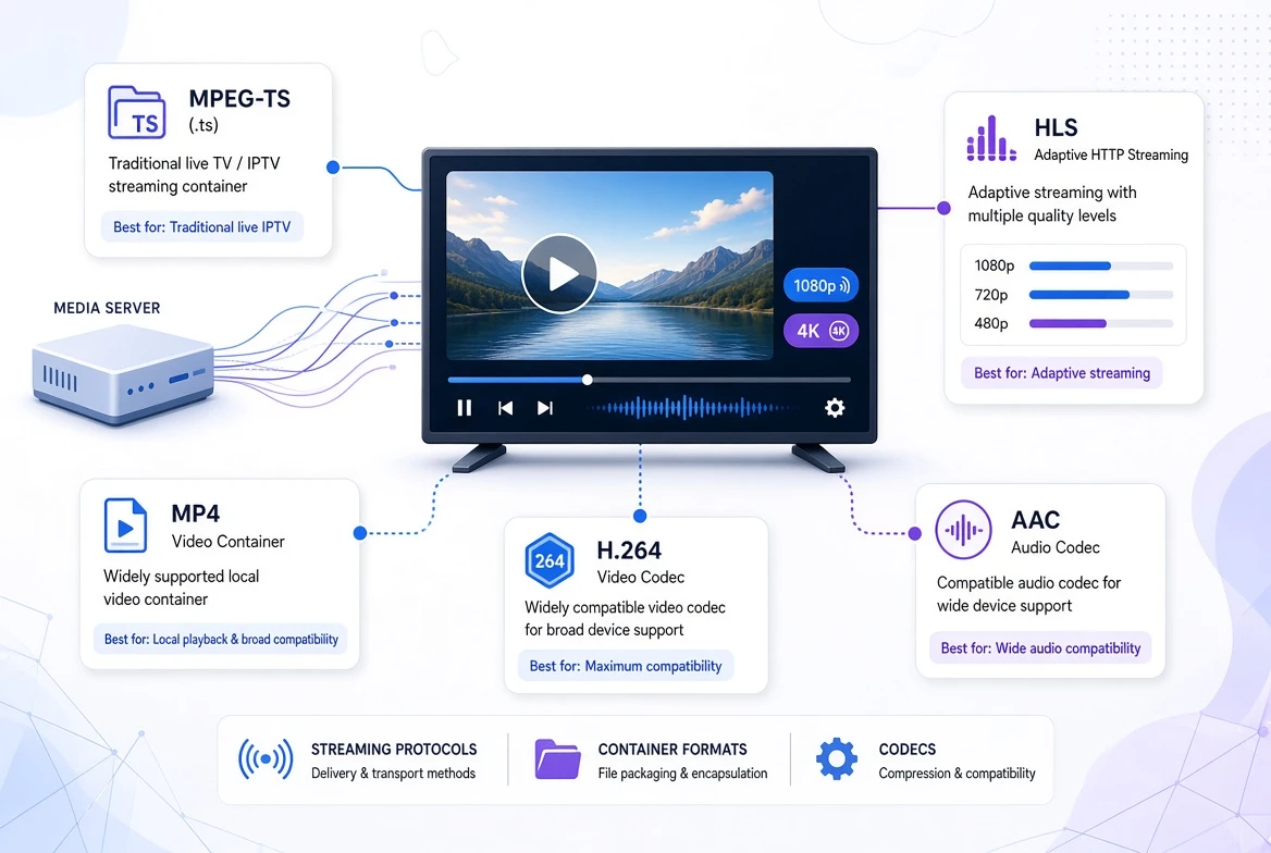 Best streaming format for IPTV including MPEG-TS, HLS, MP4 and H.264 AAC