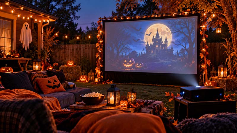 Halloween movie night with pumpkins, a glowing projector screen, and spooky autumn decorations