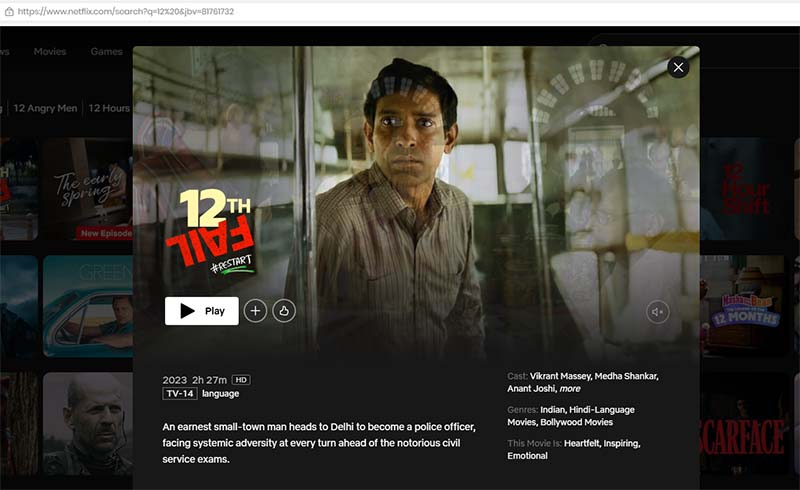 12th Fail Hindi movie on Netflix