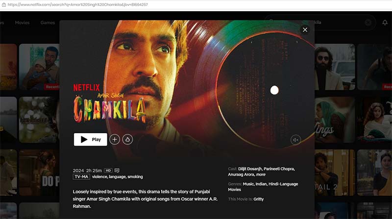 Amar Singh Chamkila Hindi movie on Netflix