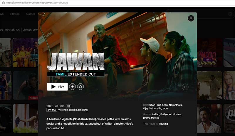 Jawan Hindi action movie on Netflix