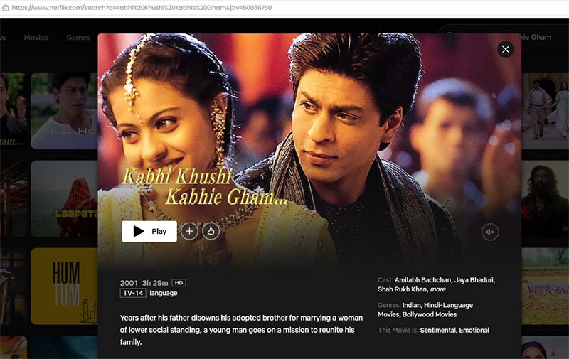 Kabhi Khushi Kabhie Gham Hindi movie on Netflix