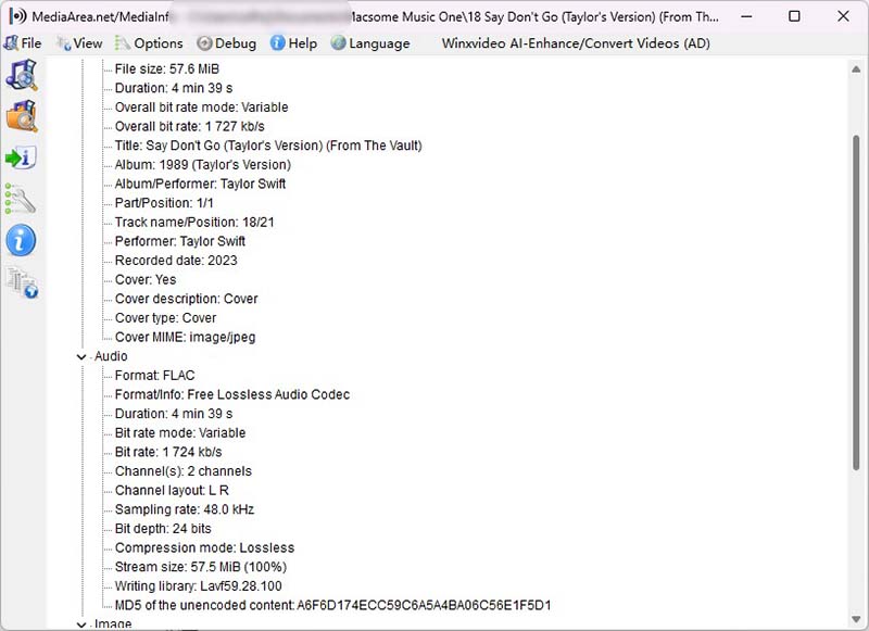 Music One FLAC audio quality test with MediaInfo