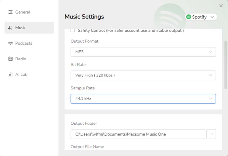 Music One MP3 320kbps output settings
