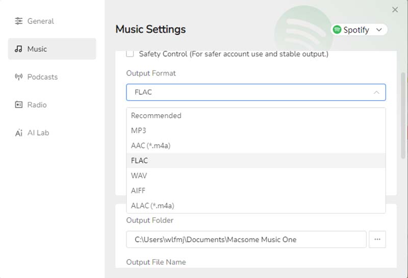 Music One output format settings
