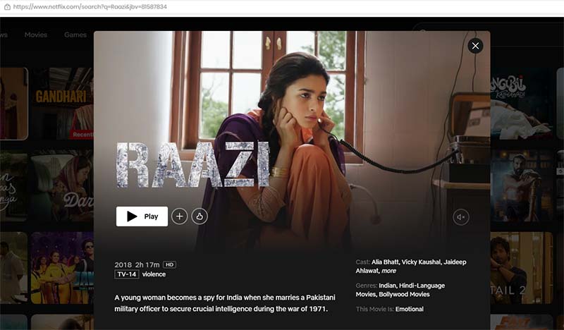 Raazi Hindi spy thriller movie on Netflix
